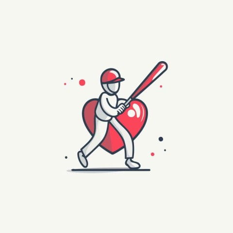 Vector illustration of baseball player with ball and heart. Line