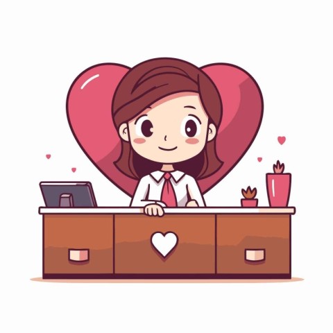 Cute businesswoman working on desk in office. Vector illustratio