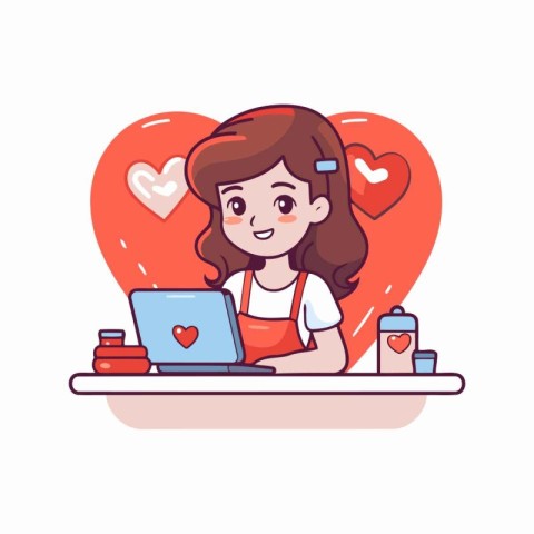 Girl sitting at the table with a laptop. Vector illustration in