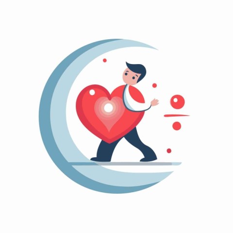 Vector illustration of a man holding a red heart on a white back