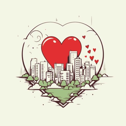 Vector illustration of city with heart shape. Love concept for v