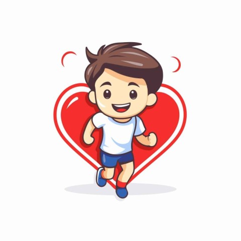 Cute boy running with red heart. Vector character illustration d