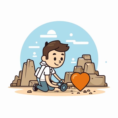 Boy playing with a toy car in the desert. Vector illustration.