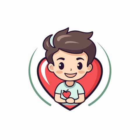 Cute boy with red heart on white background. Vector illustration