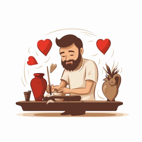 Vector illustration of a man making ceramic vase with red hearts