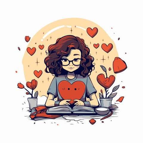 Vector illustration of a girl reading a book in the heart shape.