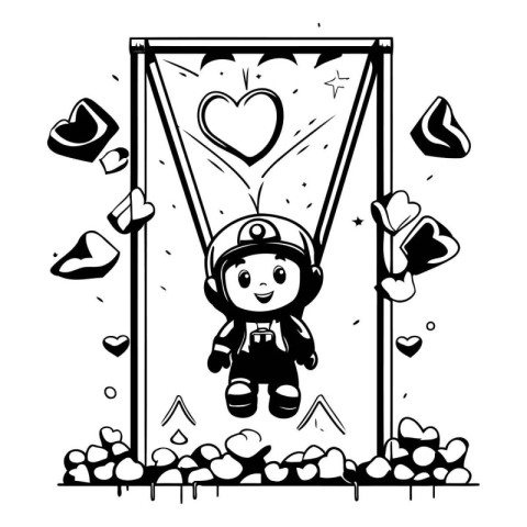 Black and White Cartoon Illustration of Cute Little Astronaut Bo