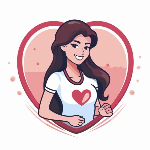 Young woman in heart shape vector illustration. Cartoon girl in