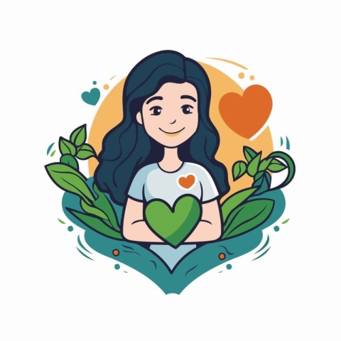 Cute girl with heart and leaves. Vector illustration in cartoon