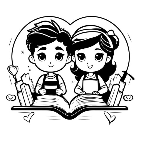 Boy and girl reading a book. Black and white vector illustration