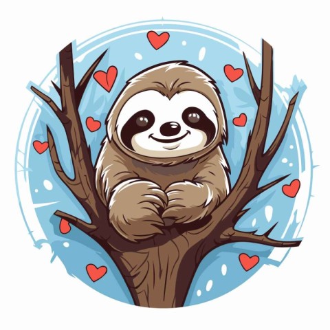 Cute cartoon sloth on a tree branch with hearts. Vector illustra