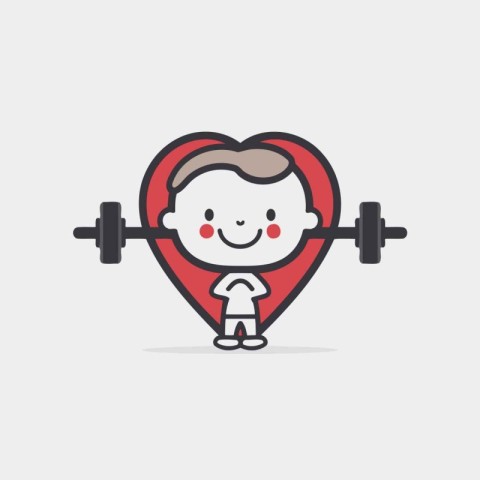 Boy lifting barbell in the shape of heart. Vector illustration.