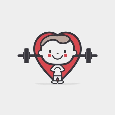 Boy lifting barbell in the shape of heart. Vector illustration.