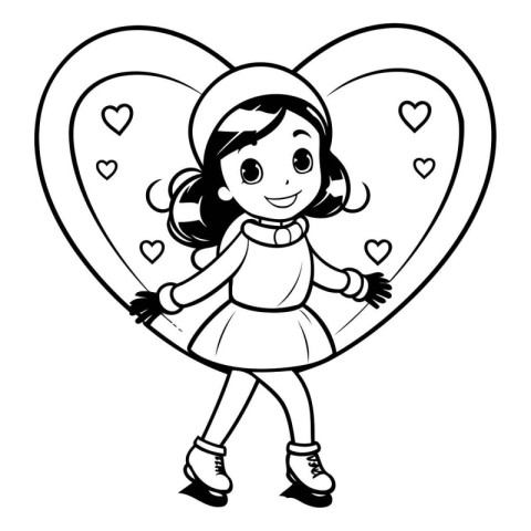 Black and White Cartoon Illustration of Cute Little Girl Roller