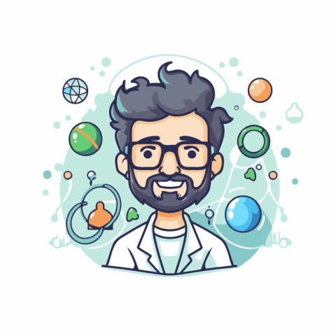 Scientist man in glasses and lab coat. Vector illustration in ca