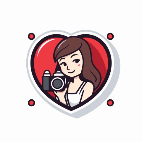 Beautiful girl with camera in heart shape. vector icon illustrat