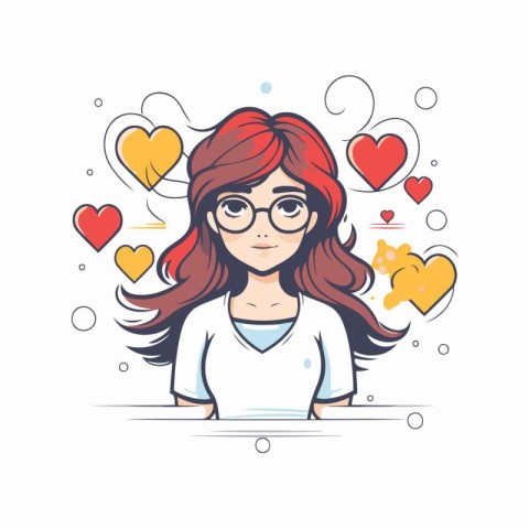 Beautiful girl with red hair. glasses and hearts. Vector illustr