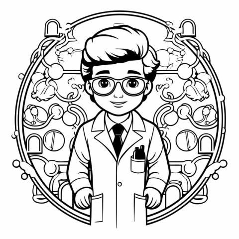 Black and white illustration of a scientist in a lab coat and gl