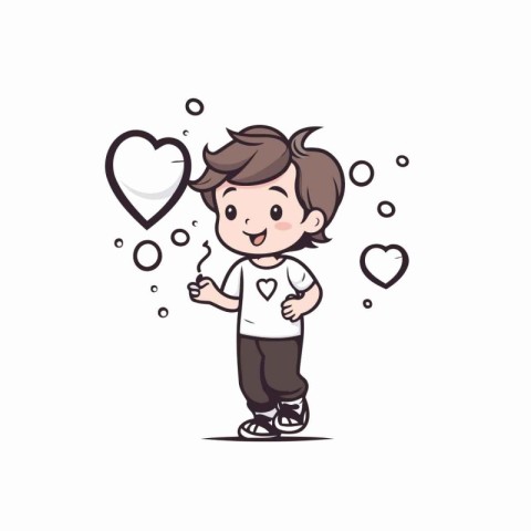 Boy with heart and love hand drawn vector illustration. Cartoon