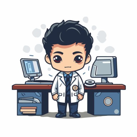 Doctor with stethoscope and computer in office. Vector illustrat