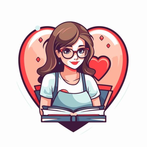 Vector illustration of a girl with glasses reading a book in a h