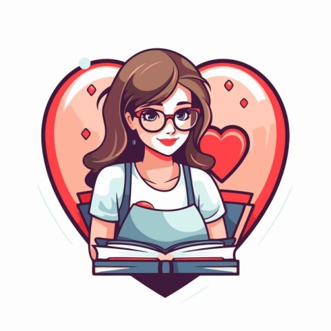 Vector illustration of a girl with glasses reading a book in a h