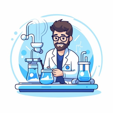 Scientist in lab coat and glasses working in laboratory. Vector