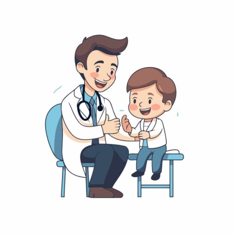 Pediatrician giving thumbs up to a little boy. Vector illustrati