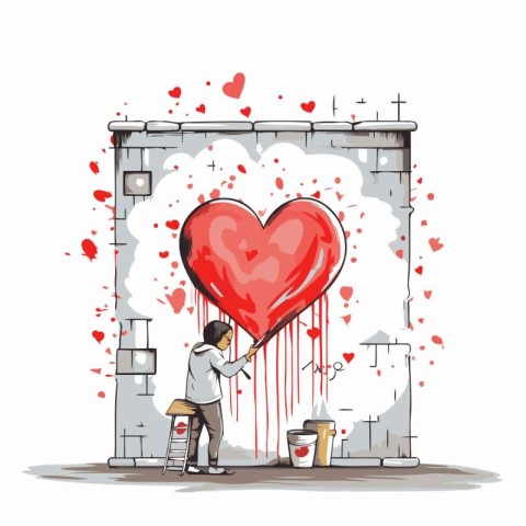 Vector illustration of a man decorating a wall with a red heart