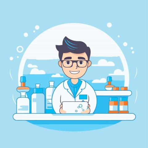 Pharmacist with a tablet in his hands. Vector illustration.