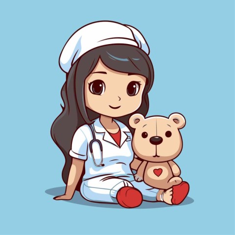 Nurse and teddy bear. Vector illustration. Cartoon style.