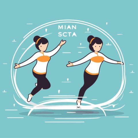 Vector illustration of two girls in sportswear running in a circ