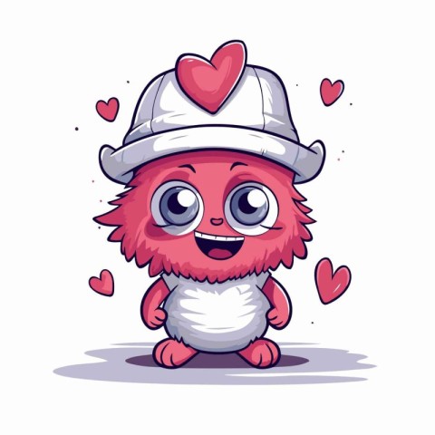 Cute cartoon monster in a hat and with hearts. Vector illustrati