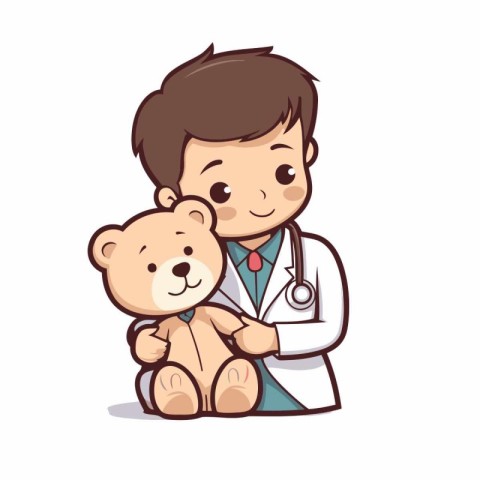 cute boy with stethoscope and teddy bear vector illustration