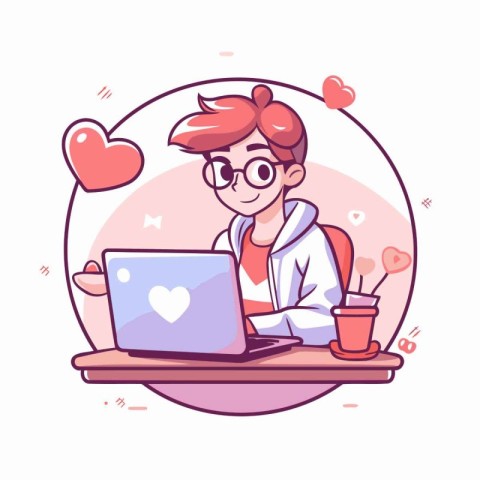 Vector illustration of a boy with glasses and a laptop in his ha