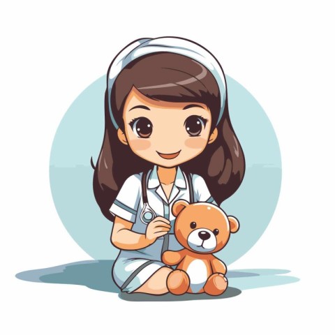 Cute little girl playing doctor with teddy bear. Vector illustra