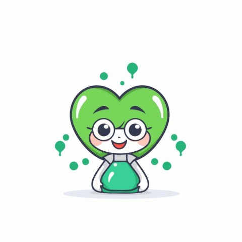 Cute green heart character with happy expression. Vector flat ca