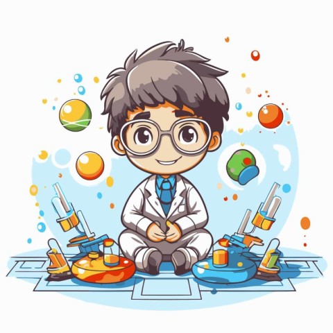 Cute little boy playing with toys. Vector illustration of a boy