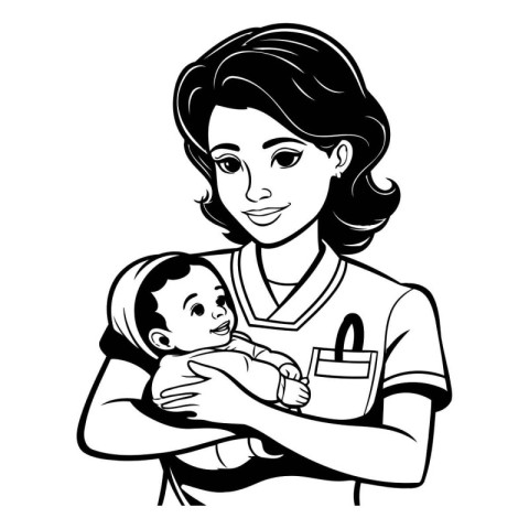 Mother with baby. Black and white vector illustration for colori