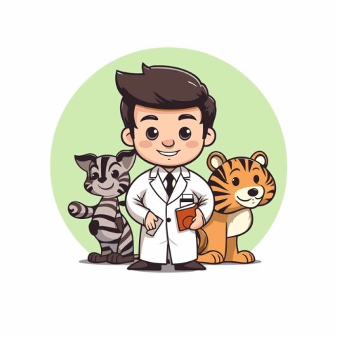 Veterinarian with tiger and zebra. Vector illustration in cartoo