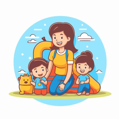 Mother with children in inflatable circle. Vector illustration i