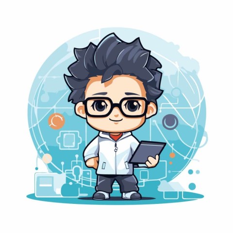 Scientist boy holding a tablet computer. Vector cartoon characte