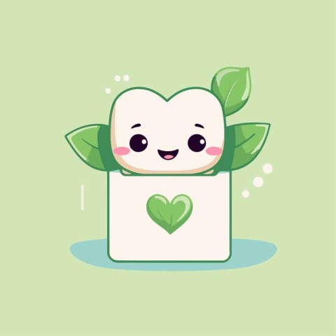 Cute white square box with heart and green leaves on a green bac