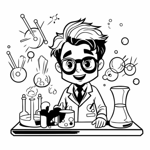 Black and White Cartoon Scientist or Chemist Character with Glas