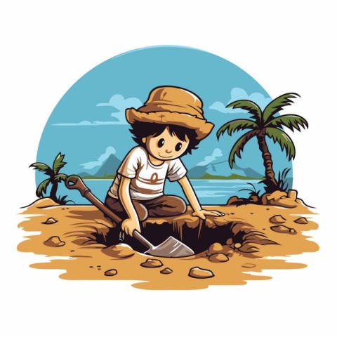 Boy with shovel on the beach. Vector illustration in cartoon sty