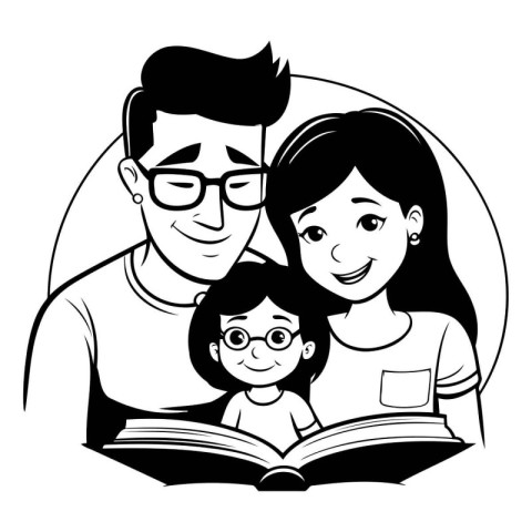 Family father and mother with daughter reading book cartoon vect