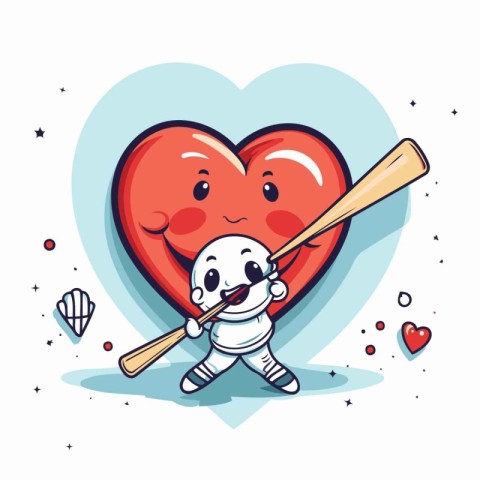 Cute cartoon heart character with baseball bat and ball. vector