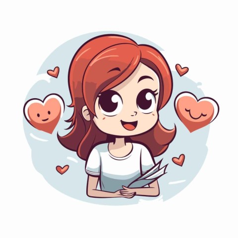 Vector illustration of a cute little girl with red hair in a whi