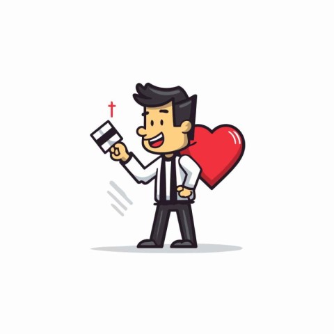 Businessman holding a red heart and a credit card. Vector illust