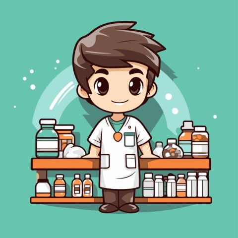 Cartoon boy pharmacist standing in drugstore. Vector illustratio